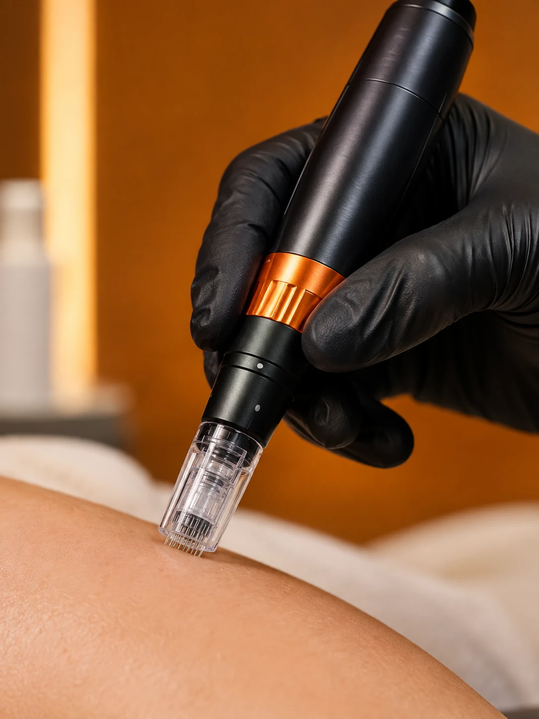 Microneedling pen gliding over a client's forehead during treatment