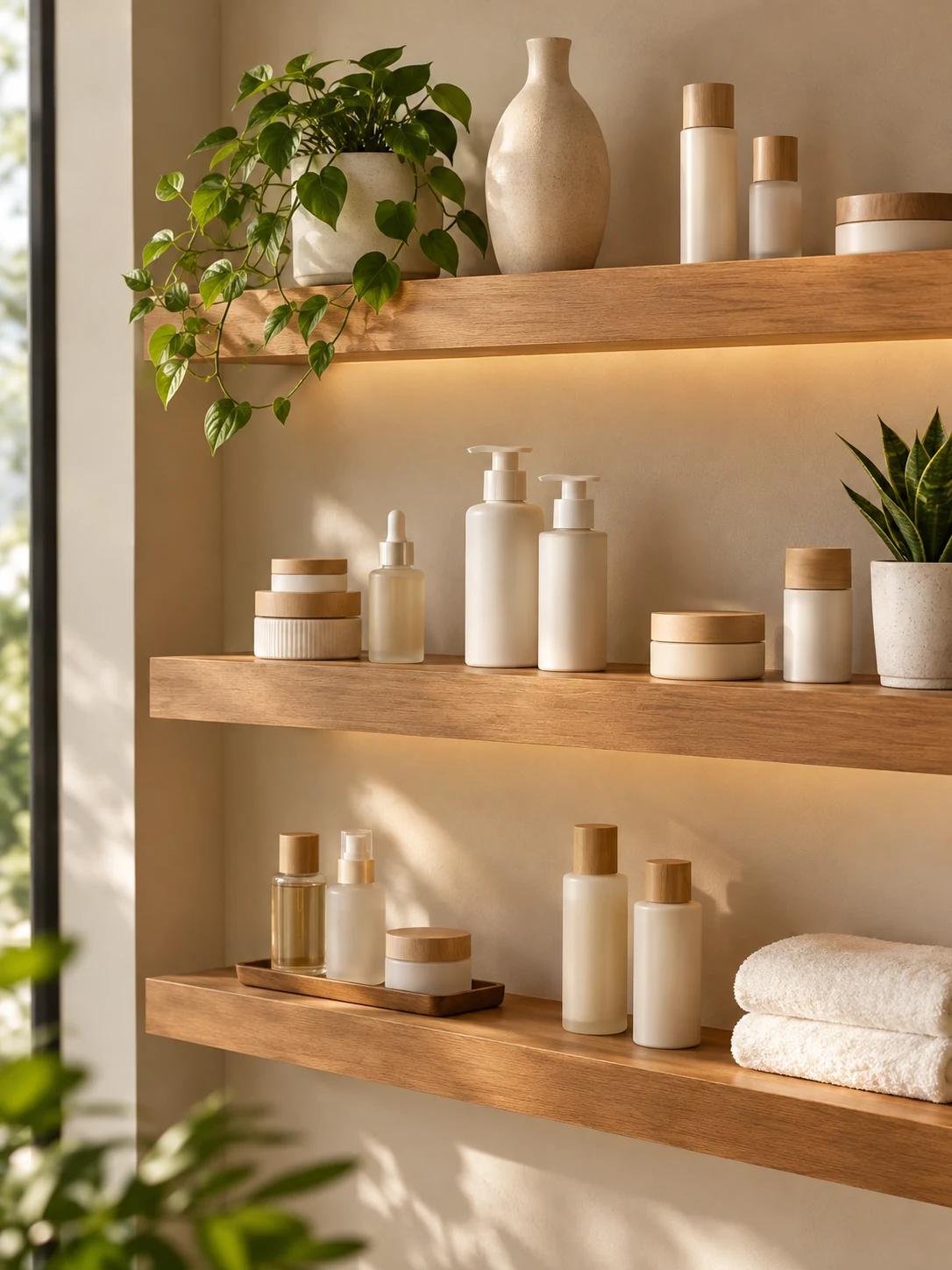 Wooden shelves with curated skincare products